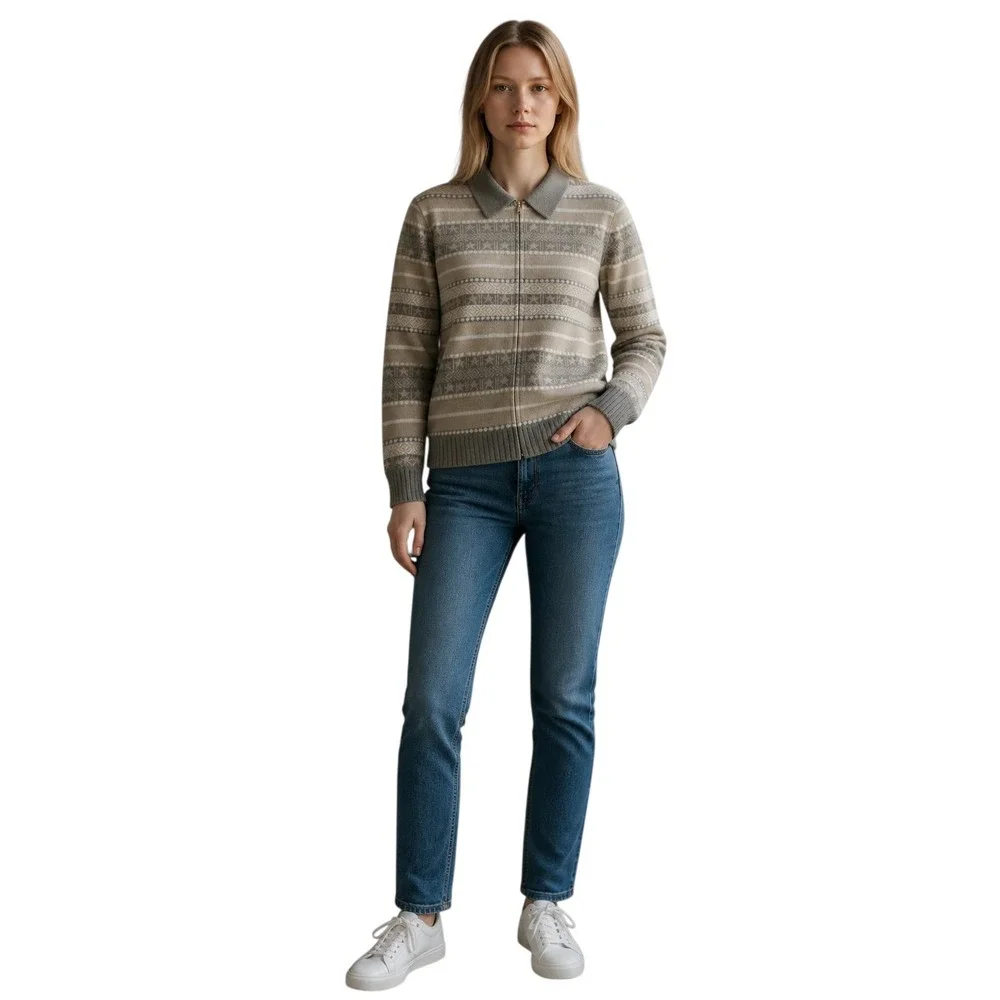 St John Sport Marie Gray Wool Blend Zip Up Sweater Fair Isle Star Beige Tan P